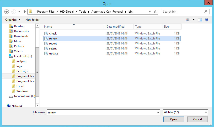 Open dialog box showing a renew file selected on the local disk in the Program Files\HID Global\Tools\Automatic_Cert_Renewal\bin directory, with an Open button and a Cancel button at the bottom right of the screen and a Close button in the top right corner